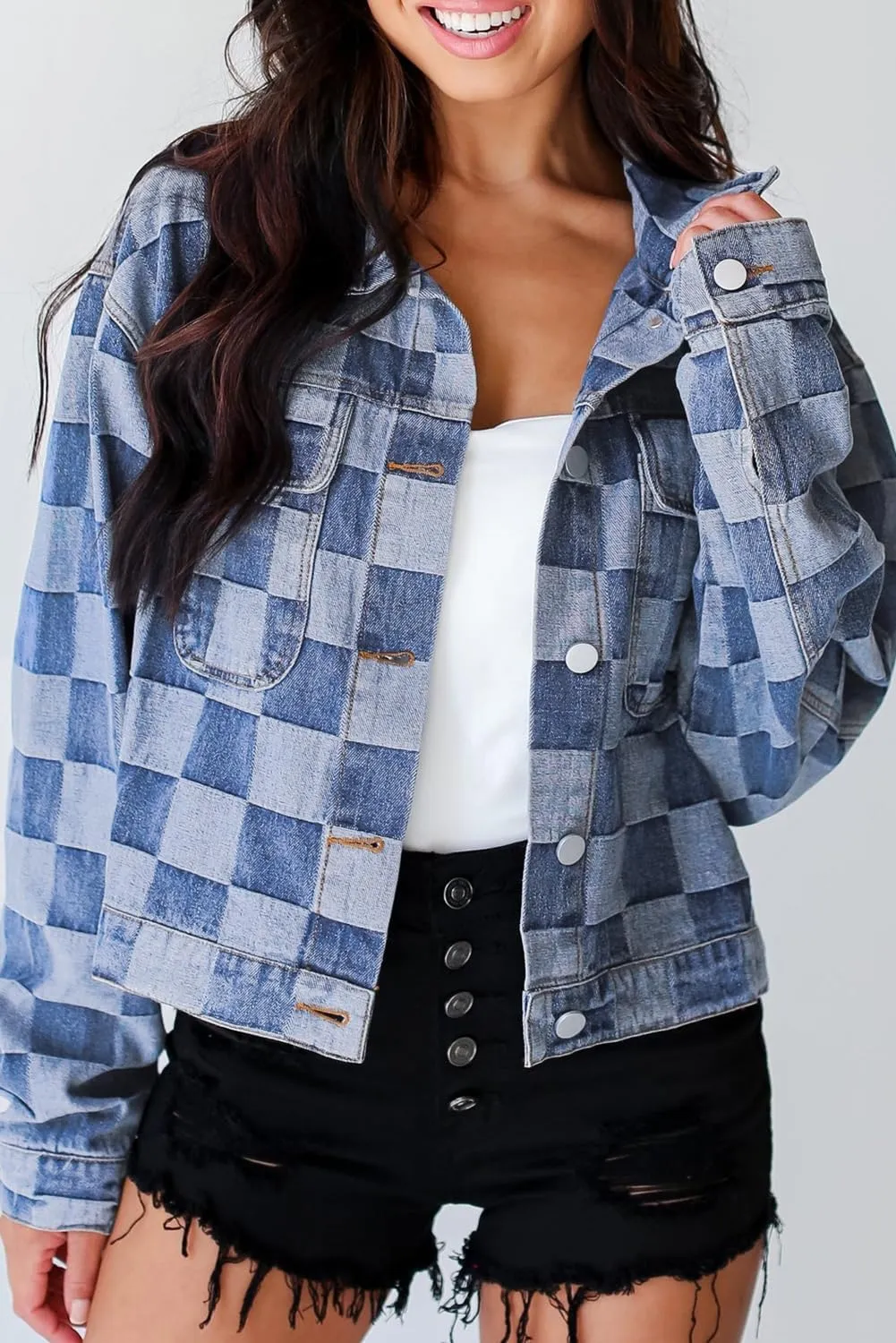 Women's Black Checkered Patchwork Button Up Denim Jacket
