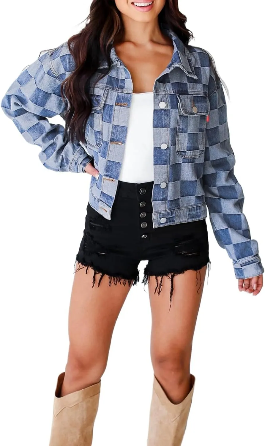 Women's Black Checkered Patchwork Button Up Denim Jacket