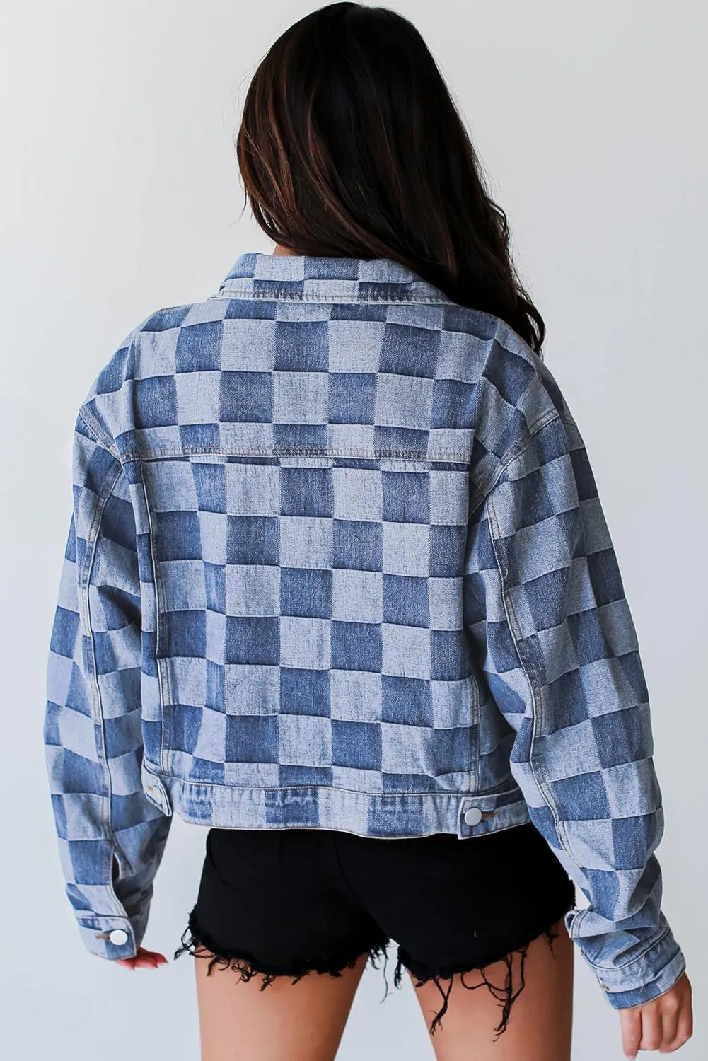 Women's Black Checkered Patchwork Button Up Denim Jacket