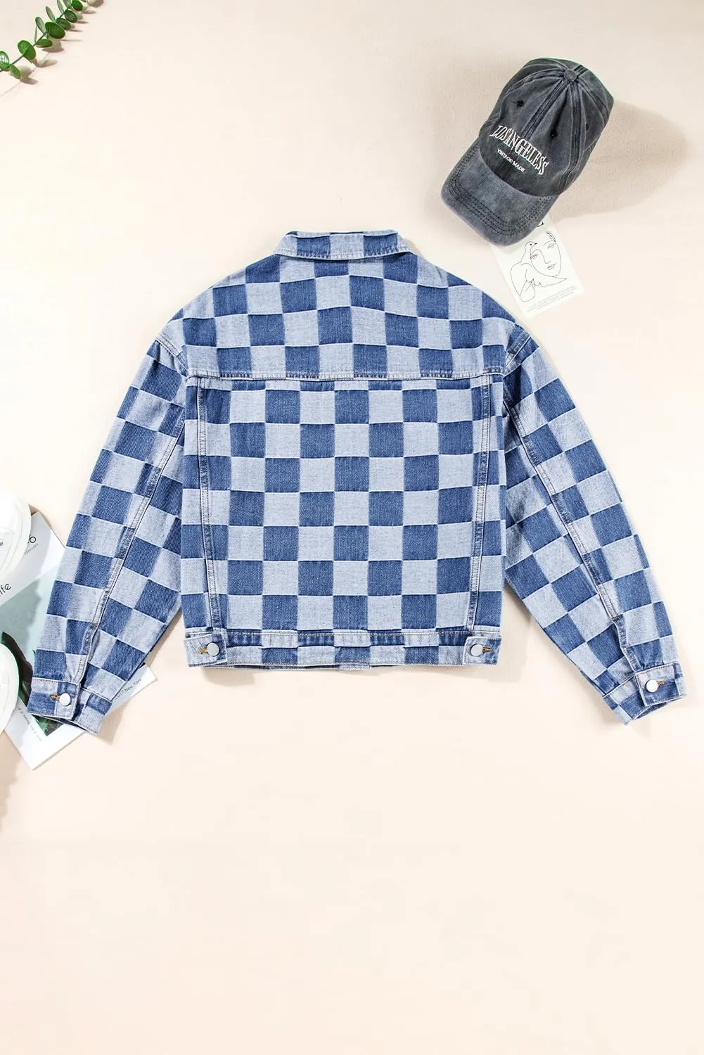 Women's Black Checkered Patchwork Button Up Denim Jacket