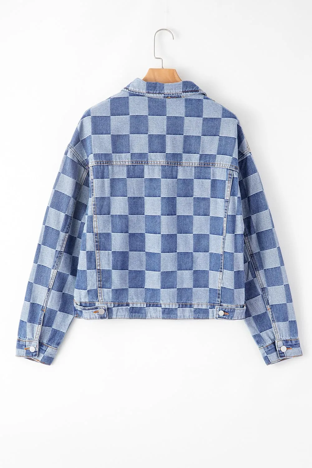 Women's Black Checkered Patchwork Button Up Denim Jacket