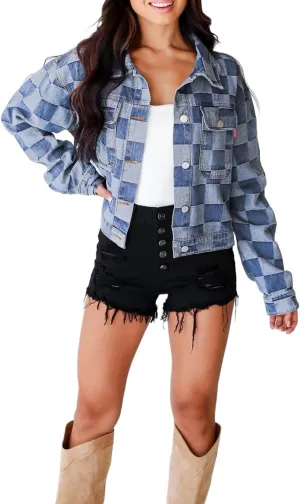 Women's Black Checkered Patchwork Button Up Denim Jacket