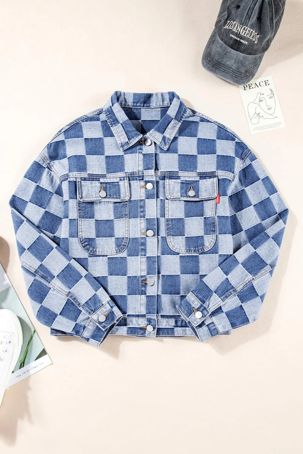 Women's Black Checkered Patchwork Button Up Denim Jacket