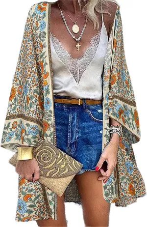 Women's Boho Long Kimono Cardigans Lightweight Beach Bathing Suit Cover Ups Casual Long Sleeve Tops