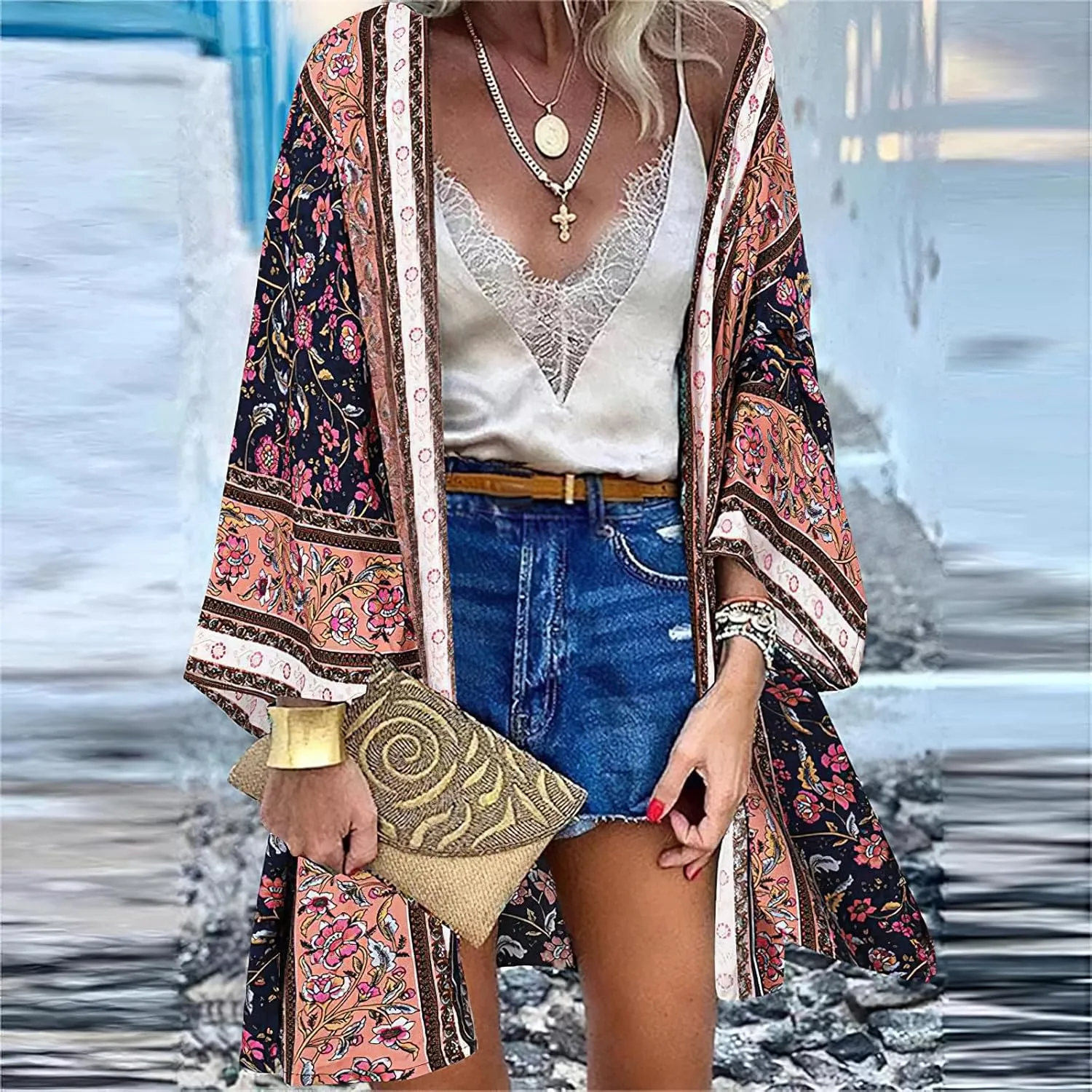 Women's Boho Long Kimono Cardigans Lightweight Beach Bathing Suit Cover Ups Casual Long Sleeve Tops