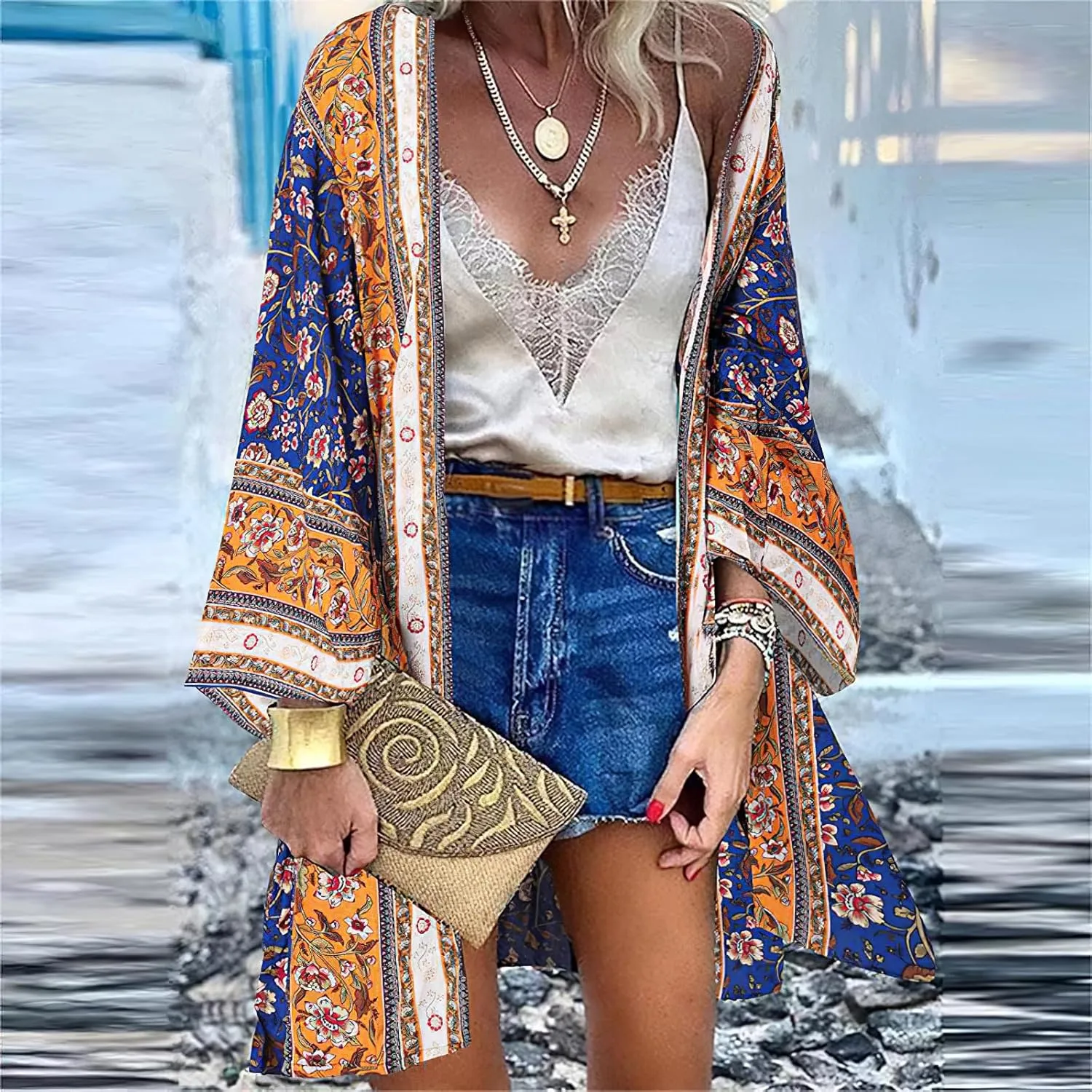 Women's Boho Long Kimono Cardigans Lightweight Beach Bathing Suit Cover Ups Casual Long Sleeve Tops