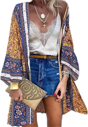 Women's Boho Long Kimono Cardigans Lightweight Beach Bathing Suit Cover Ups Casual Long Sleeve Tops