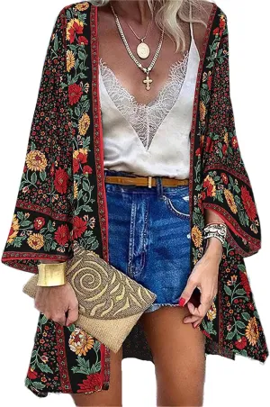 Women's Boho Long Kimono Cardigans Lightweight Beach Bathing Suit Cover Ups Casual Long Sleeve Tops