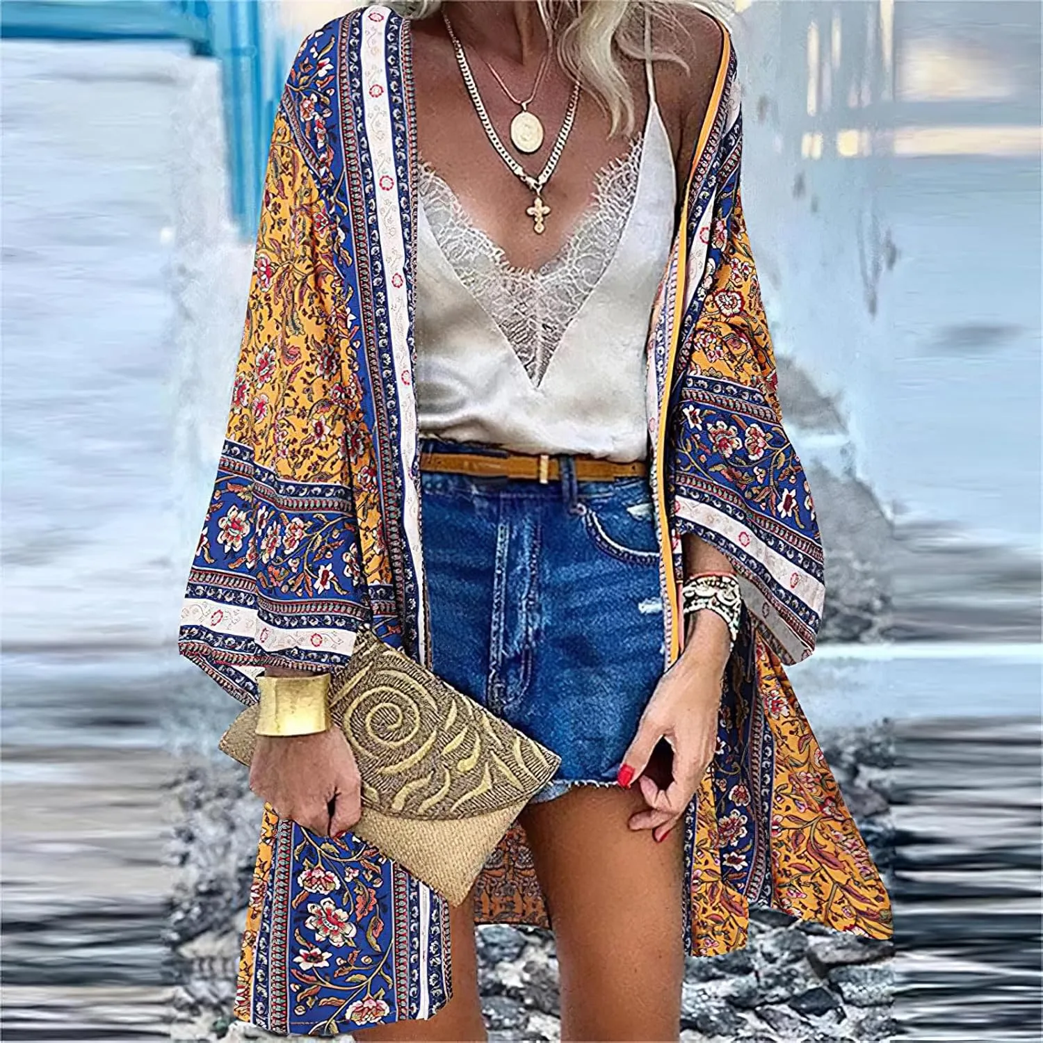 Women's Boho Long Kimono Cardigans Lightweight Beach Bathing Suit Cover Ups Casual Long Sleeve Tops
