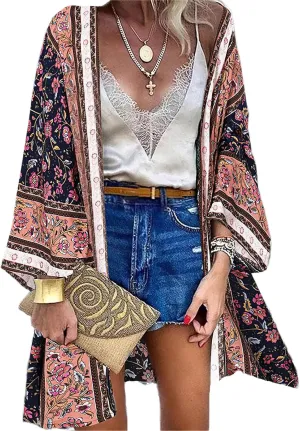 Women's Boho Long Kimono Cardigans Lightweight Beach Bathing Suit Cover Ups Casual Long Sleeve Tops