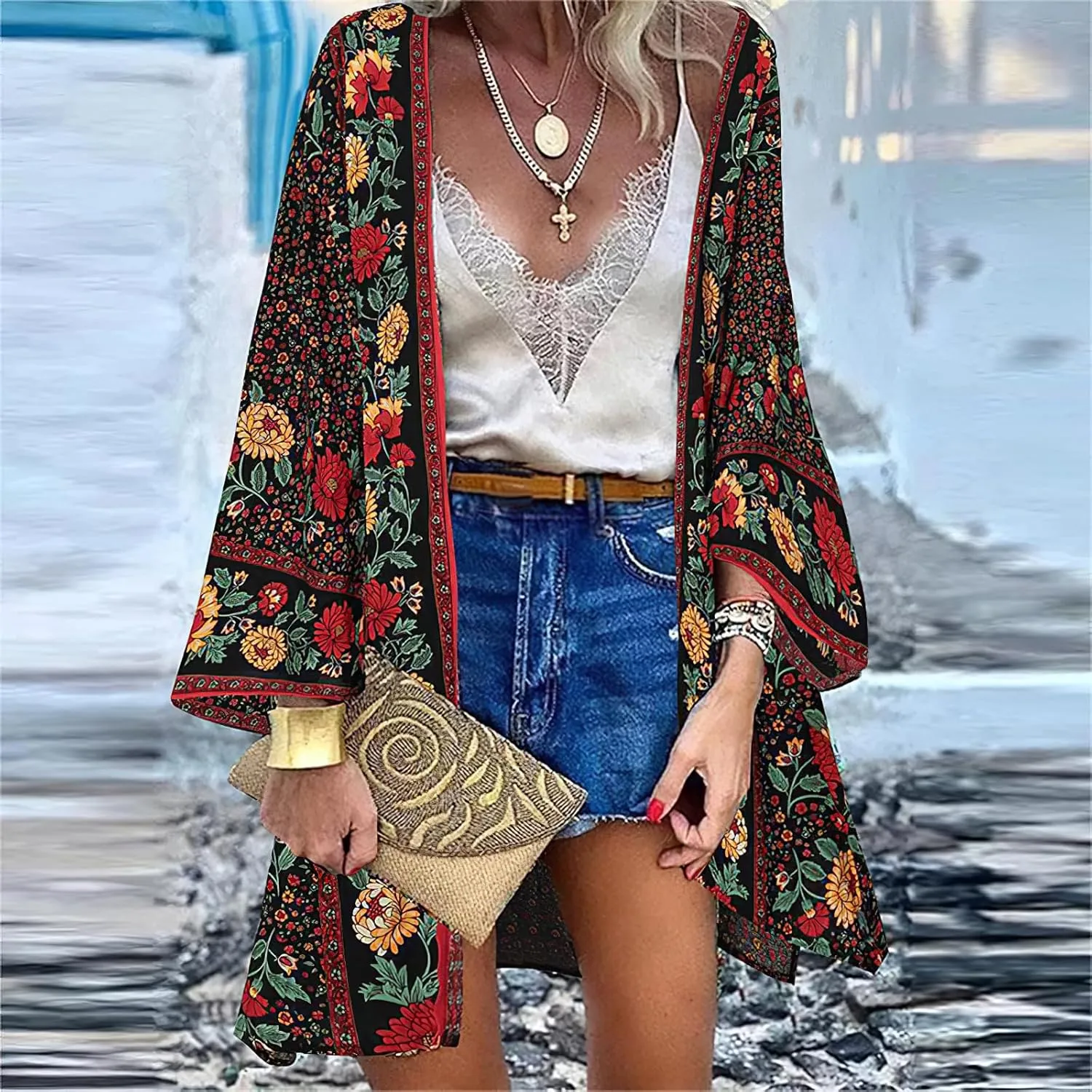 Women's Boho Long Kimono Cardigans Lightweight Beach Bathing Suit Cover Ups Casual Long Sleeve Tops