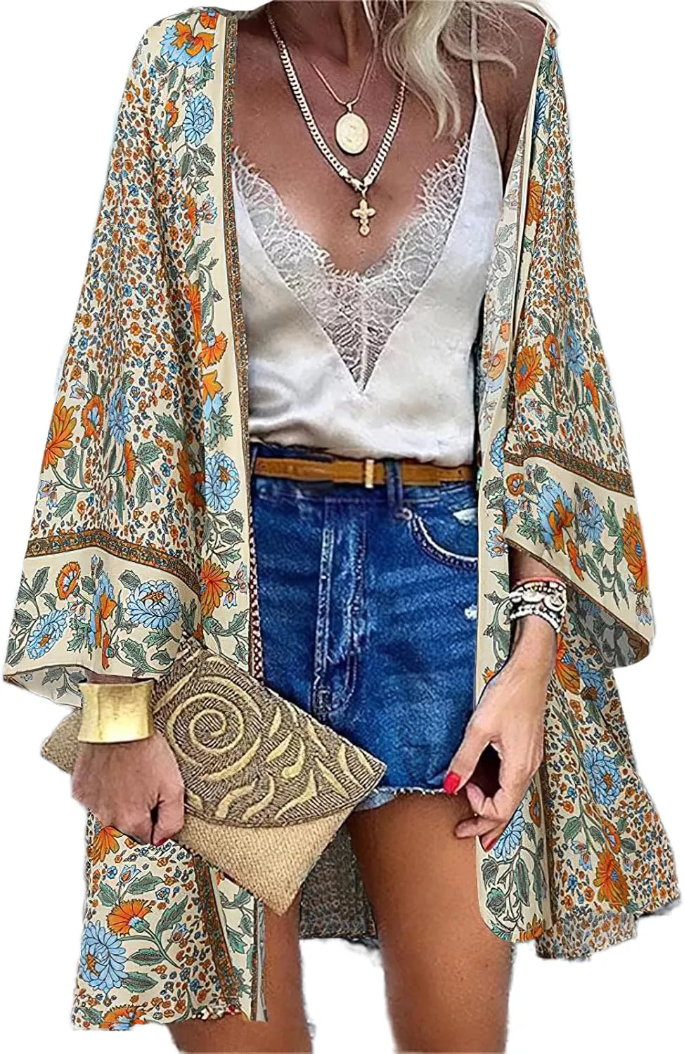 Women's Boho Long Kimono Cardigans Lightweight Beach Bathing Suit Cover Ups Casual Long Sleeve Tops