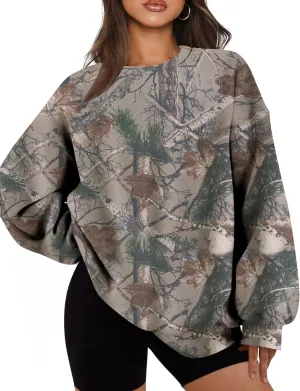 Womens Camo Sweatshirt Oversized Graphic Maple Leaf Print Crewneck Long Sleeve Y2k Trendy Fall Pullover Hoodies
