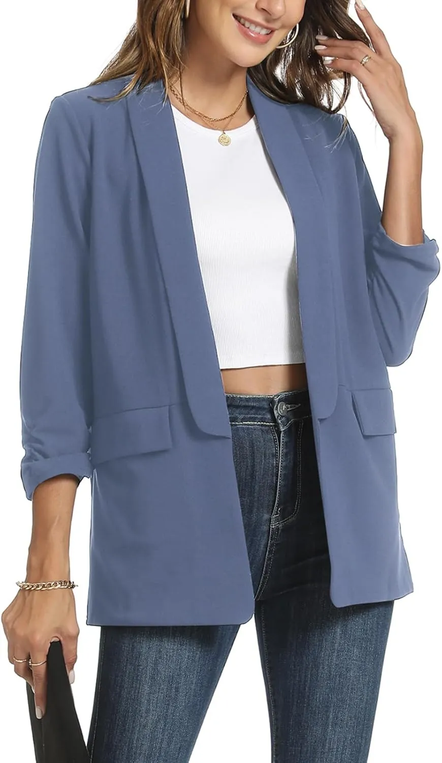 Womens Casual Blazer Ruched 3/4 Sleeve 2025 Shawl Lapel Office Lightweight Open Front Casual Jackets with Pockets