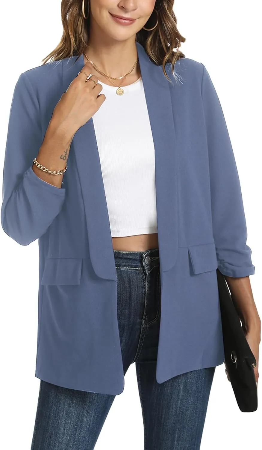 Womens Casual Blazer Ruched 3/4 Sleeve 2025 Shawl Lapel Office Lightweight Open Front Casual Jackets with Pockets