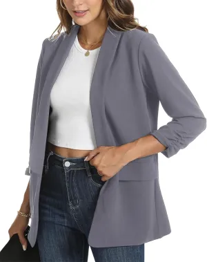 Womens Casual Blazer Ruched 3/4 Sleeve 2025 Shawl Lapel Office Lightweight Open Front Casual Jackets with Pockets