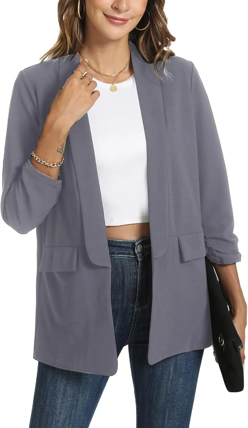 Womens Casual Blazer Ruched 3/4 Sleeve 2025 Shawl Lapel Office Lightweight Open Front Casual Jackets with Pockets