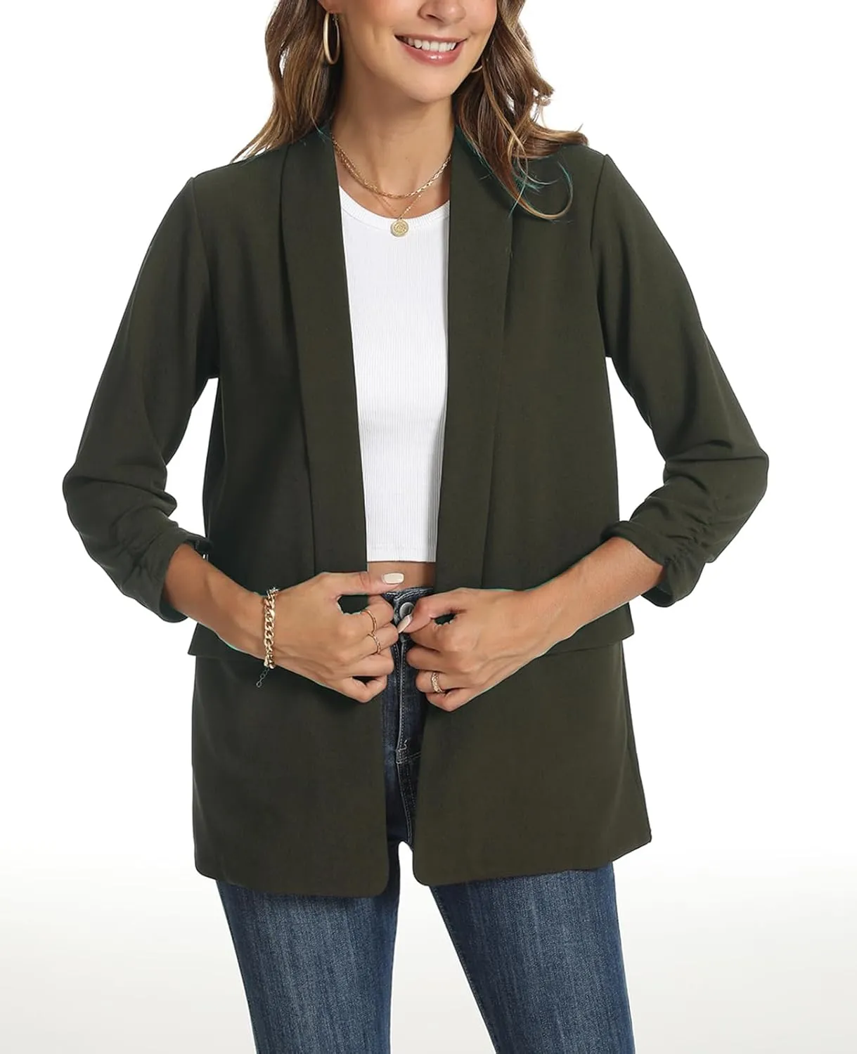 Womens Casual Blazer Ruched 3/4 Sleeve 2025 Shawl Lapel Office Lightweight Open Front Casual Jackets with Pockets