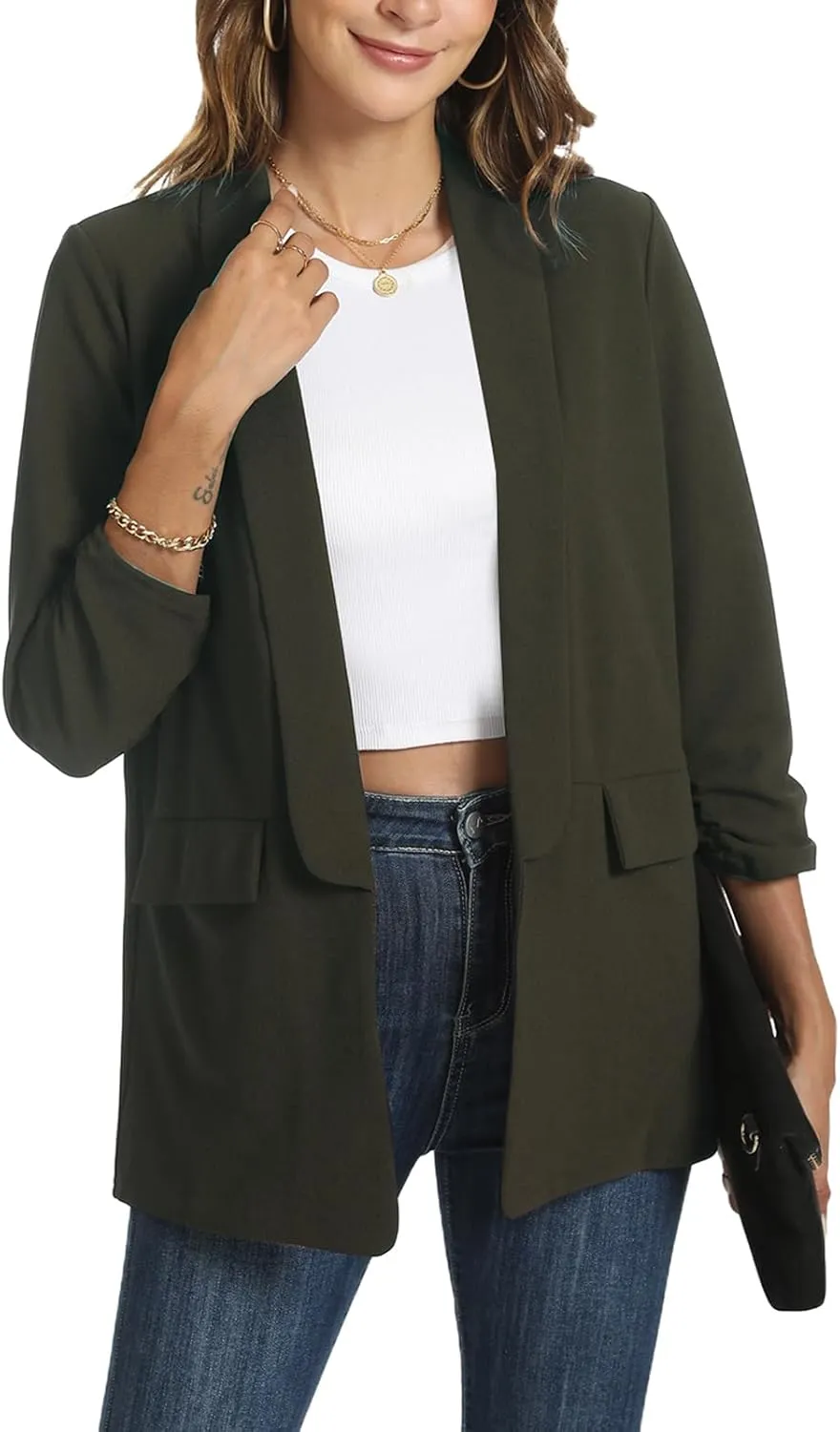 Womens Casual Blazer Ruched 3/4 Sleeve 2025 Shawl Lapel Office Lightweight Open Front Casual Jackets with Pockets