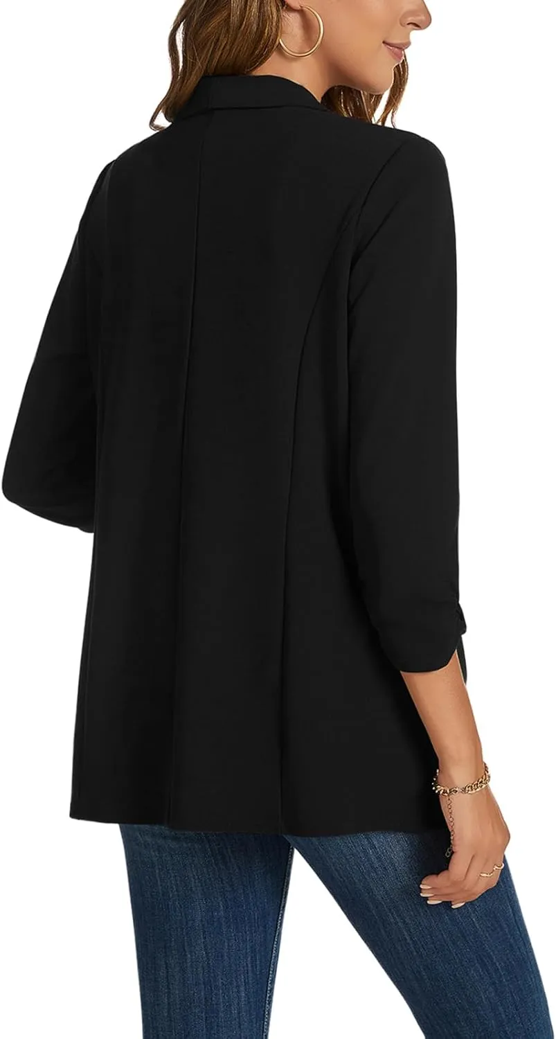 Womens Casual Blazer Ruched 3/4 Sleeve 2025 Shawl Lapel Office Lightweight Open Front Casual Jackets with Pockets