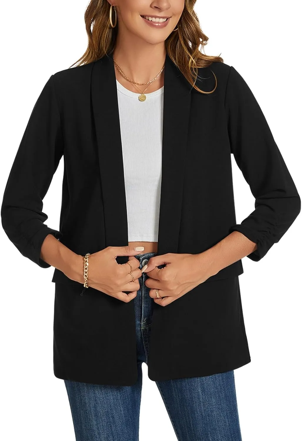 Womens Casual Blazer Ruched 3/4 Sleeve 2025 Shawl Lapel Office Lightweight Open Front Casual Jackets with Pockets