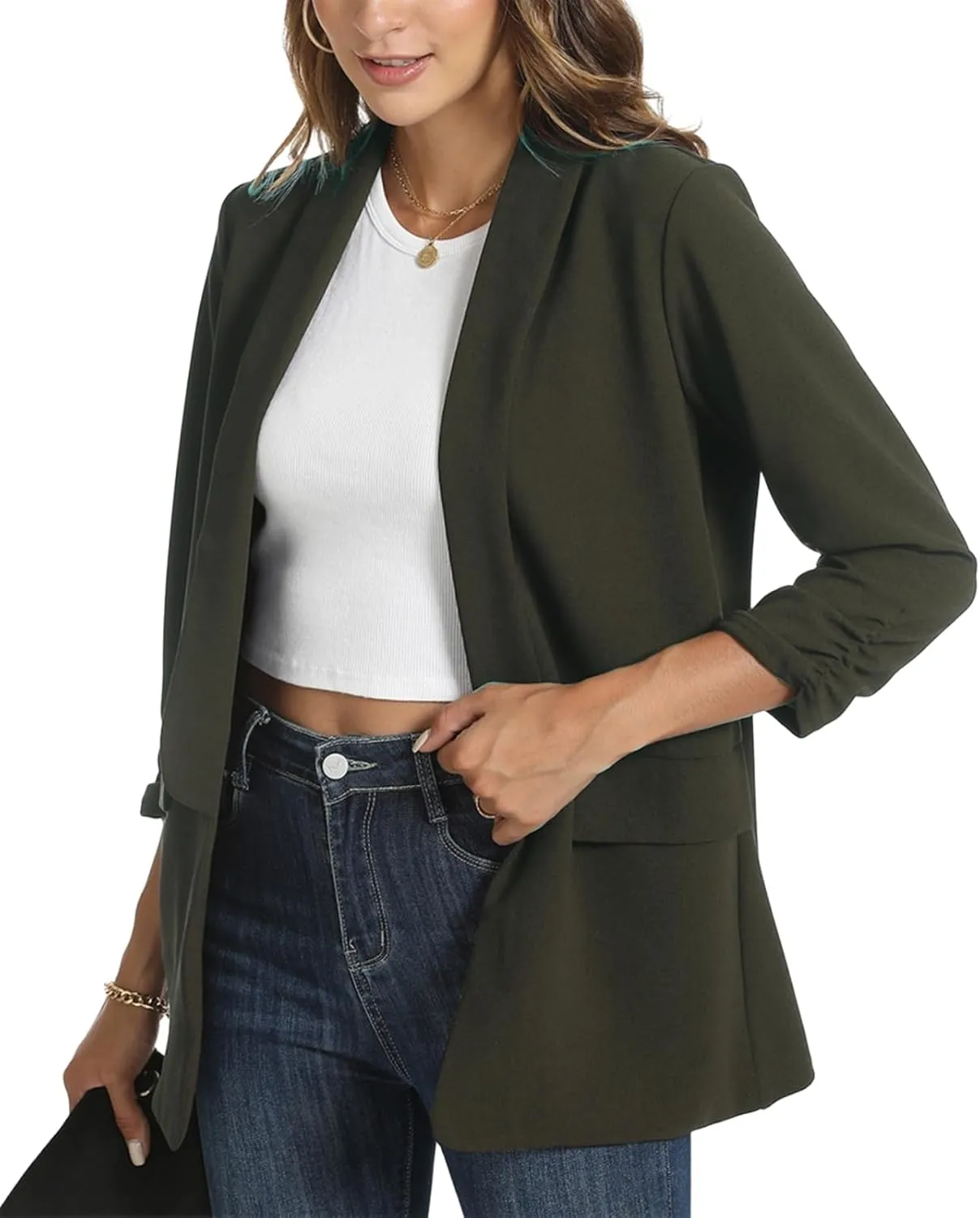 Womens Casual Blazer Ruched 3/4 Sleeve 2025 Shawl Lapel Office Lightweight Open Front Casual Jackets with Pockets