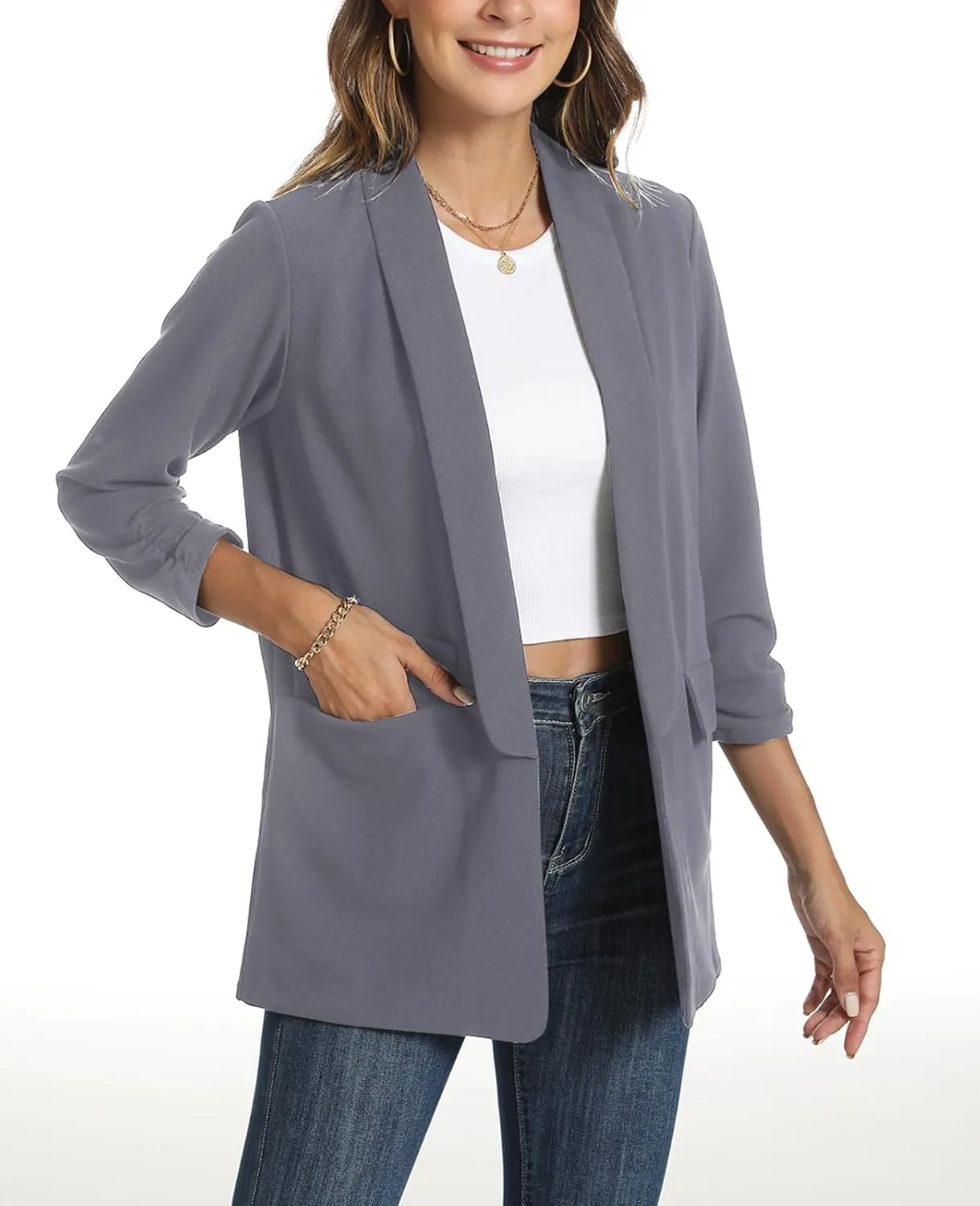Womens Casual Blazer Ruched 3/4 Sleeve 2025 Shawl Lapel Office Lightweight Open Front Casual Jackets with Pockets