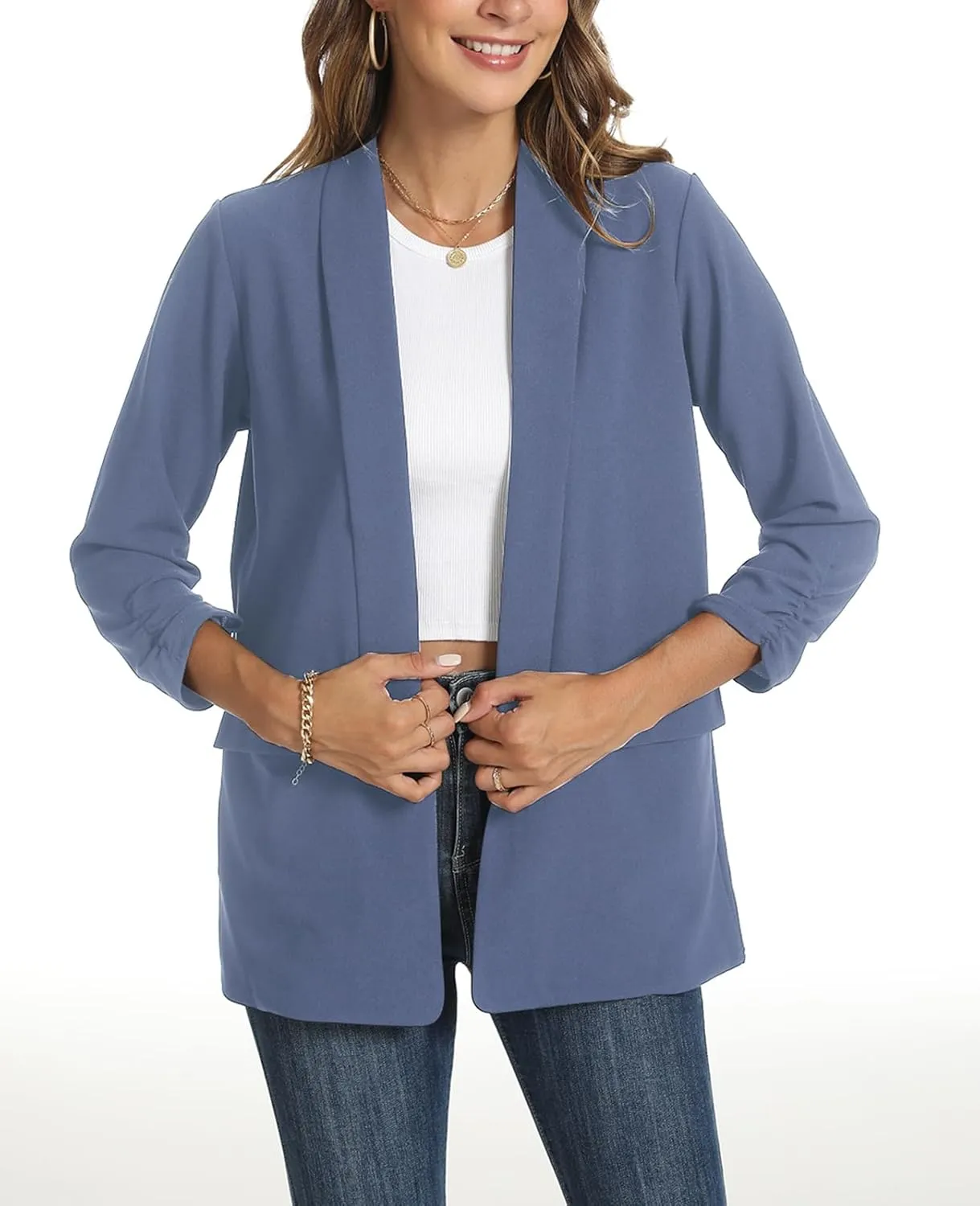 Womens Casual Blazer Ruched 3/4 Sleeve 2025 Shawl Lapel Office Lightweight Open Front Casual Jackets with Pockets