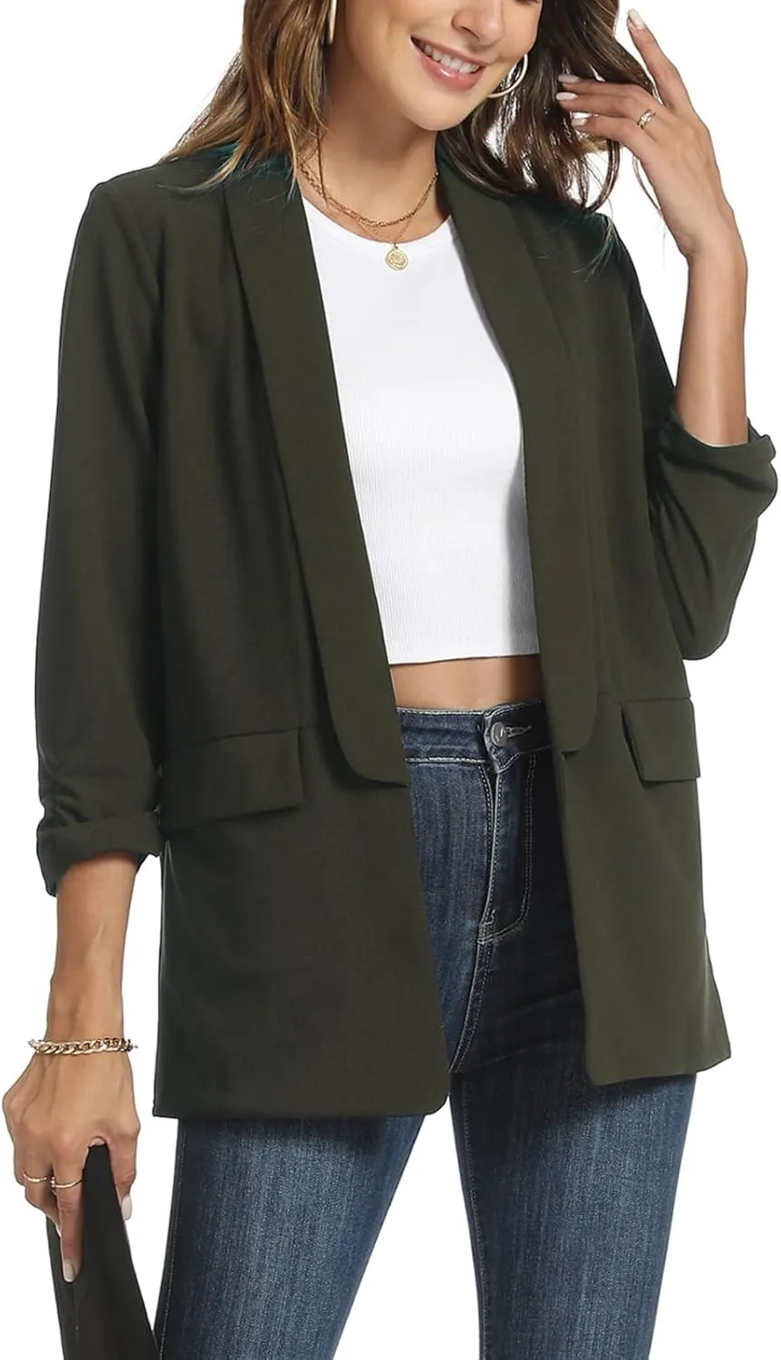 Womens Casual Blazer Ruched 3/4 Sleeve 2025 Shawl Lapel Office Lightweight Open Front Casual Jackets with Pockets