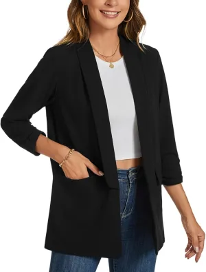 Womens Casual Blazer Ruched 3/4 Sleeve 2025 Shawl Lapel Office Lightweight Open Front Casual Jackets with Pockets