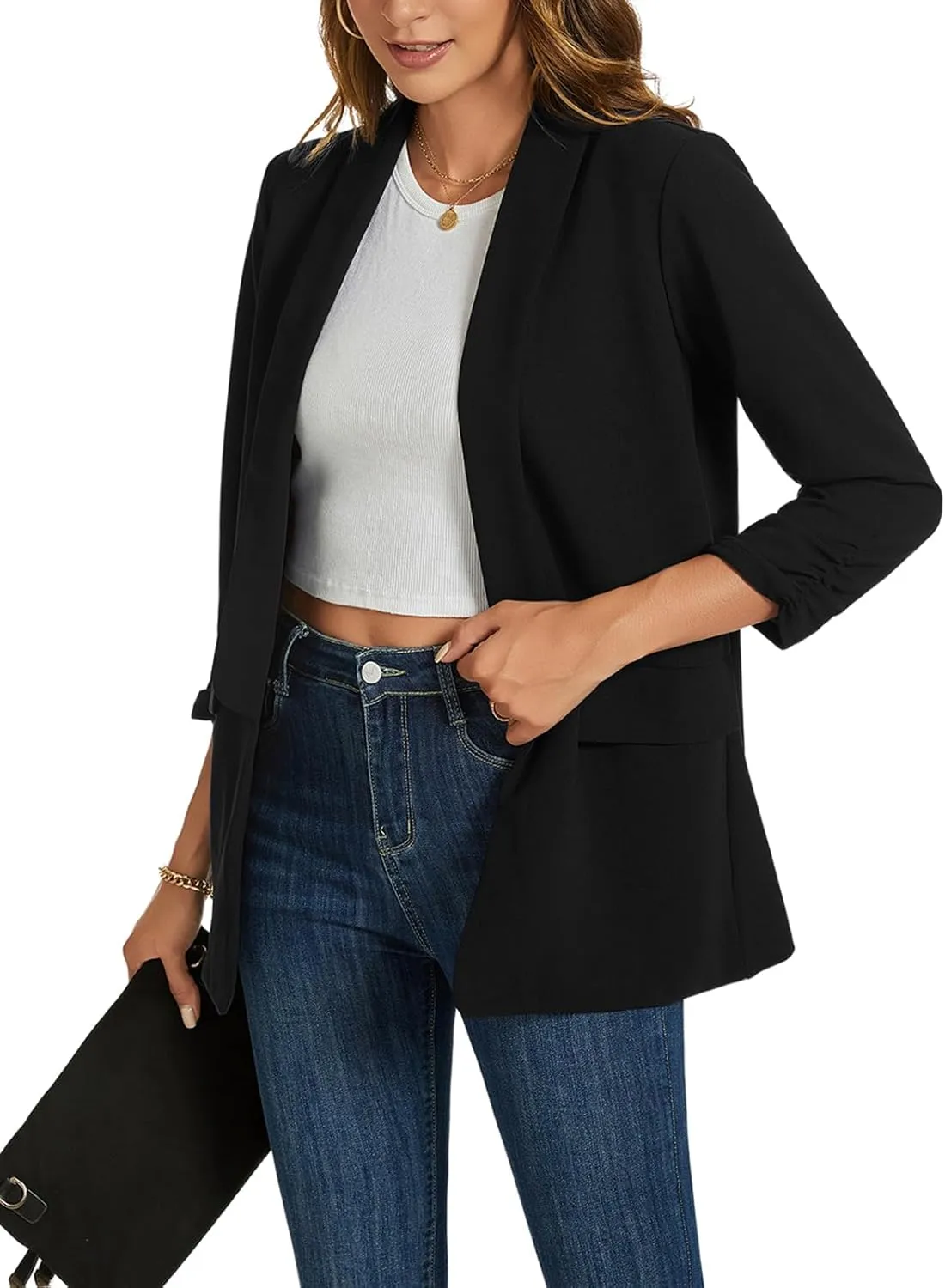Womens Casual Blazer Ruched 3/4 Sleeve 2025 Shawl Lapel Office Lightweight Open Front Casual Jackets with Pockets
