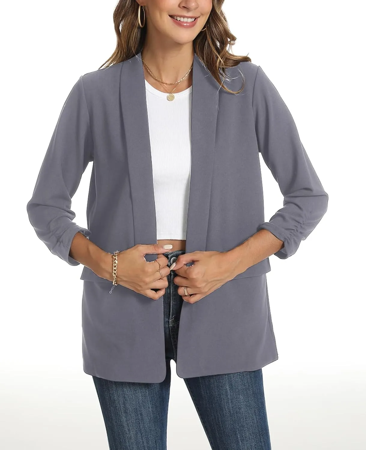 Womens Casual Blazer Ruched 3/4 Sleeve 2025 Shawl Lapel Office Lightweight Open Front Casual Jackets with Pockets