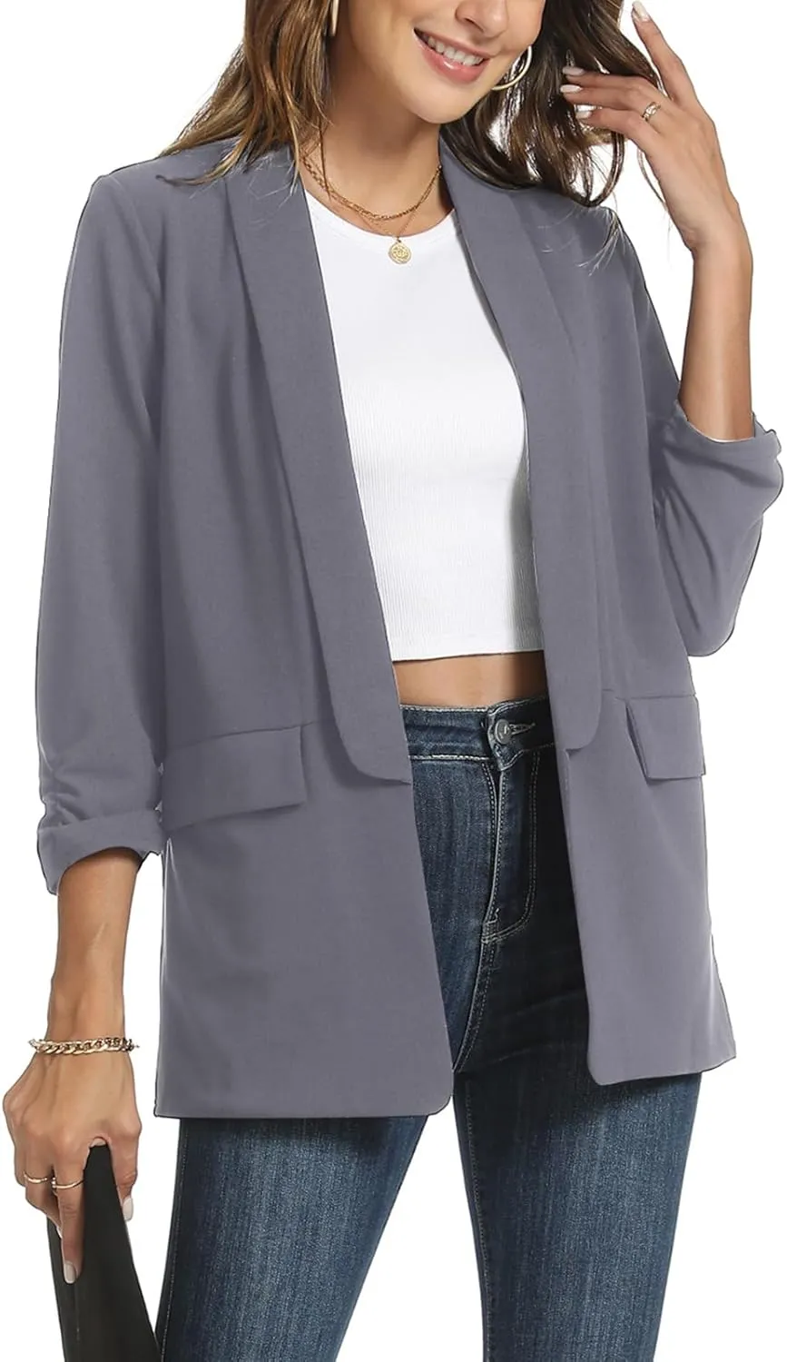 Womens Casual Blazer Ruched 3/4 Sleeve 2025 Shawl Lapel Office Lightweight Open Front Casual Jackets with Pockets