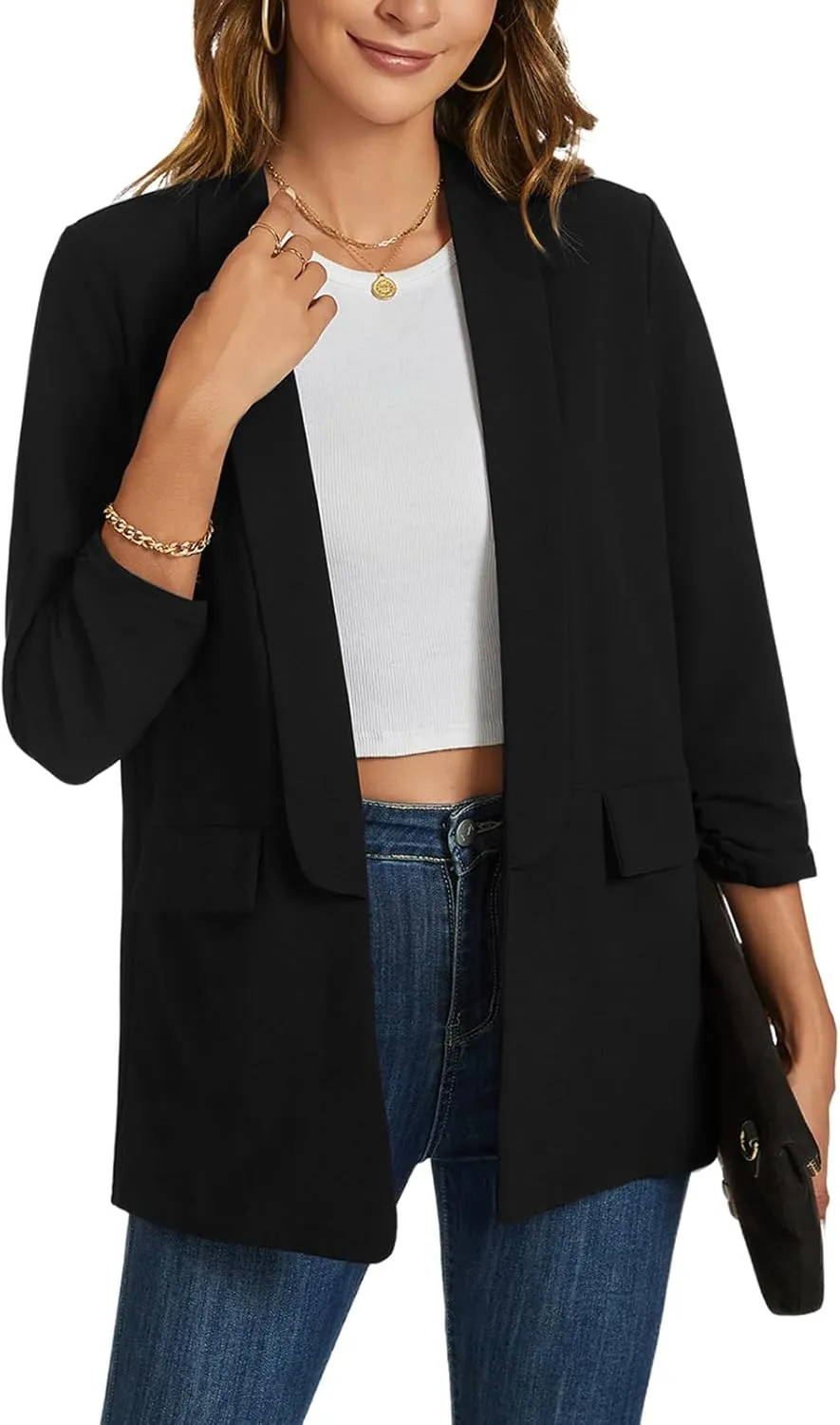 Womens Casual Blazer Ruched 3/4 Sleeve 2025 Shawl Lapel Office Lightweight Open Front Casual Jackets with Pockets