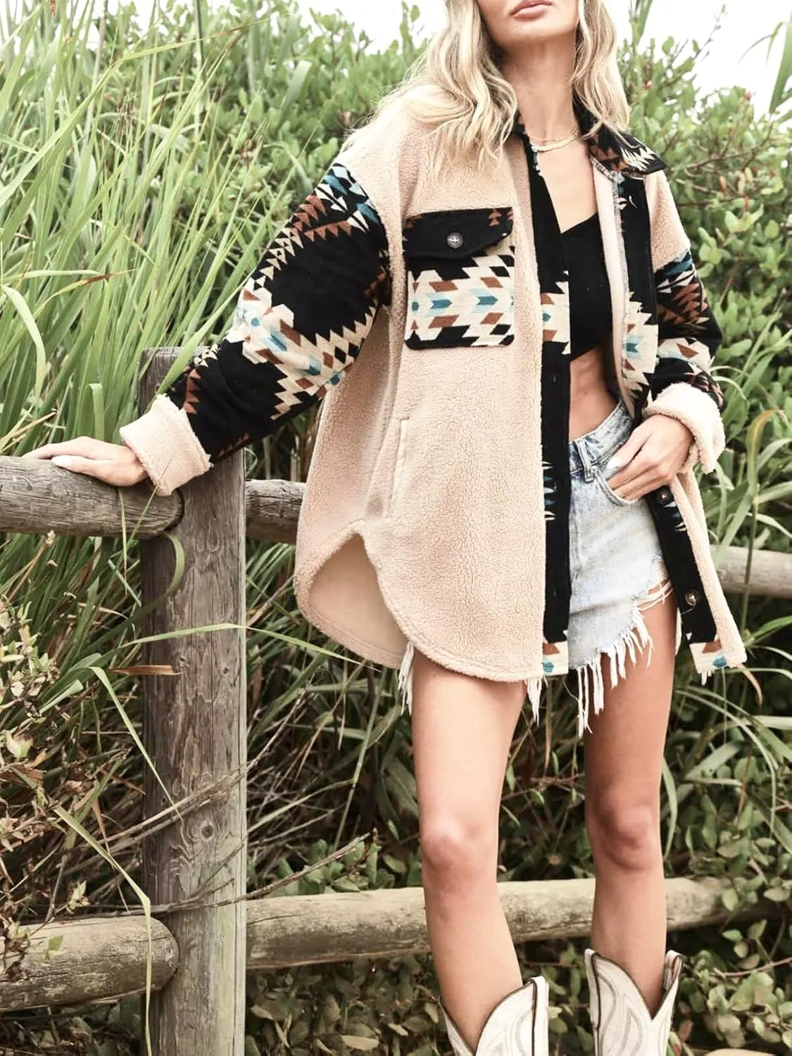 Women's Casual Fleece Jacket Tribal Aztec Shirt Jacket Long Sleeve Button Down Jacket Loose Shacket Outwear