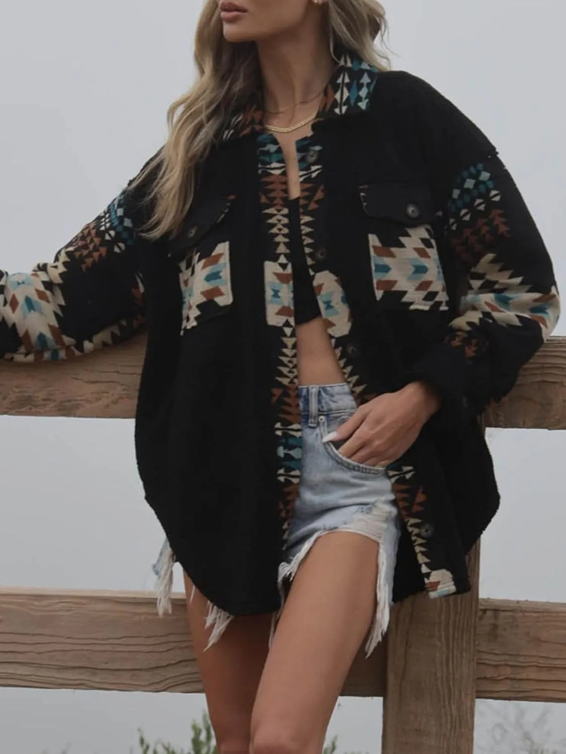 Women's Casual Fleece Jacket Tribal Aztec Shirt Jacket Long Sleeve Button Down Jacket Loose Shacket Outwear