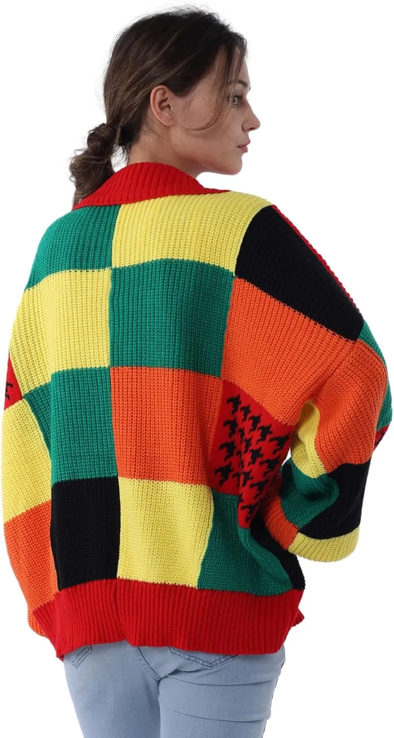 Womens Color Block Patchwork Cardigan Oversized Crochet Cardigan Sweater Long Sleeve Knitted Button Clothing