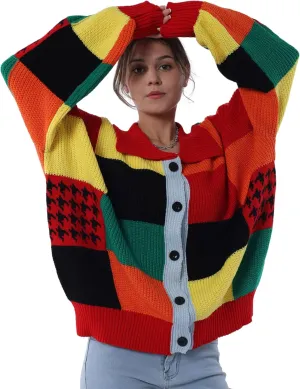 Womens Color Block Patchwork Cardigan Oversized Crochet Cardigan Sweater Long Sleeve Knitted Button Clothing