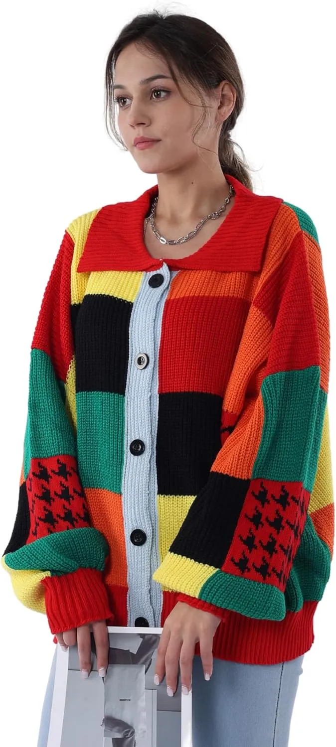 Womens Color Block Patchwork Cardigan Oversized Crochet Cardigan Sweater Long Sleeve Knitted Button Clothing