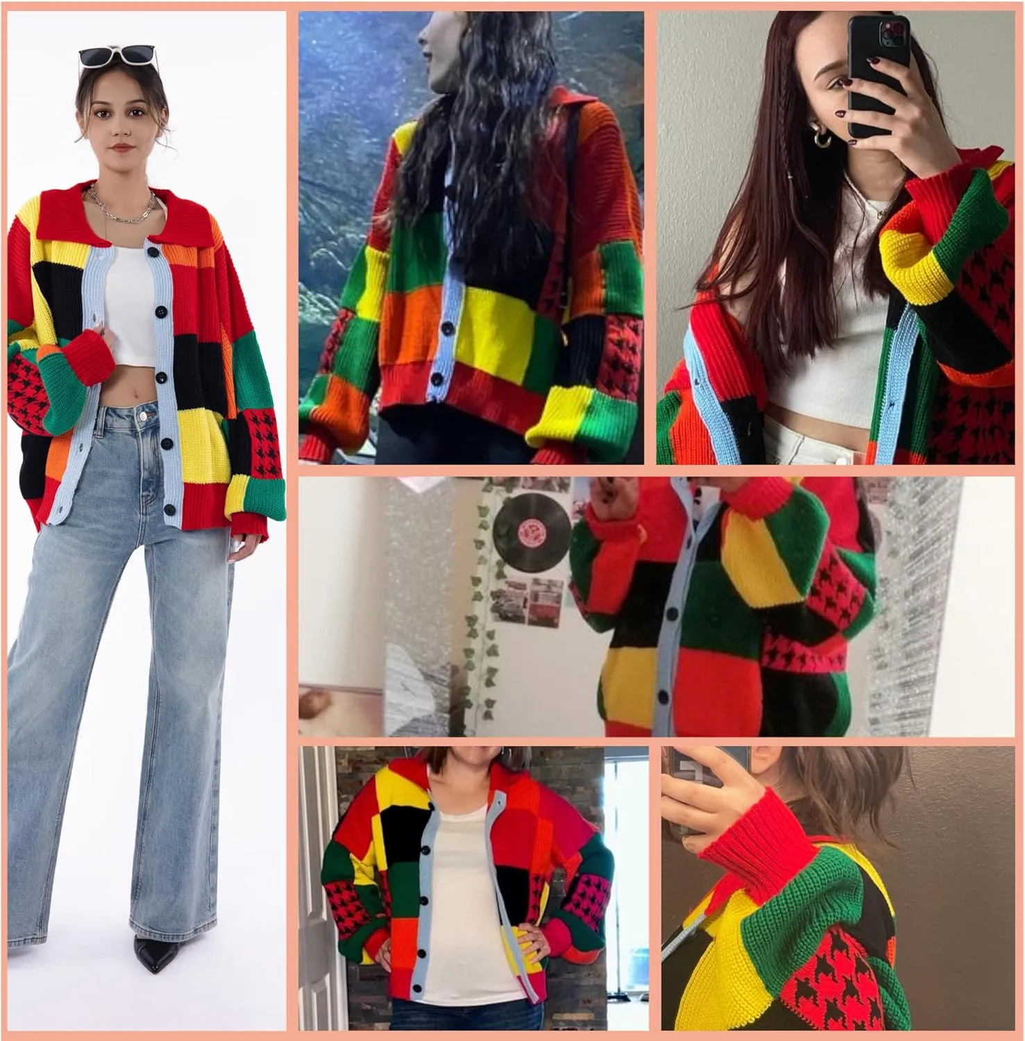 Womens Color Block Patchwork Cardigan Oversized Crochet Cardigan Sweater Long Sleeve Knitted Button Clothing