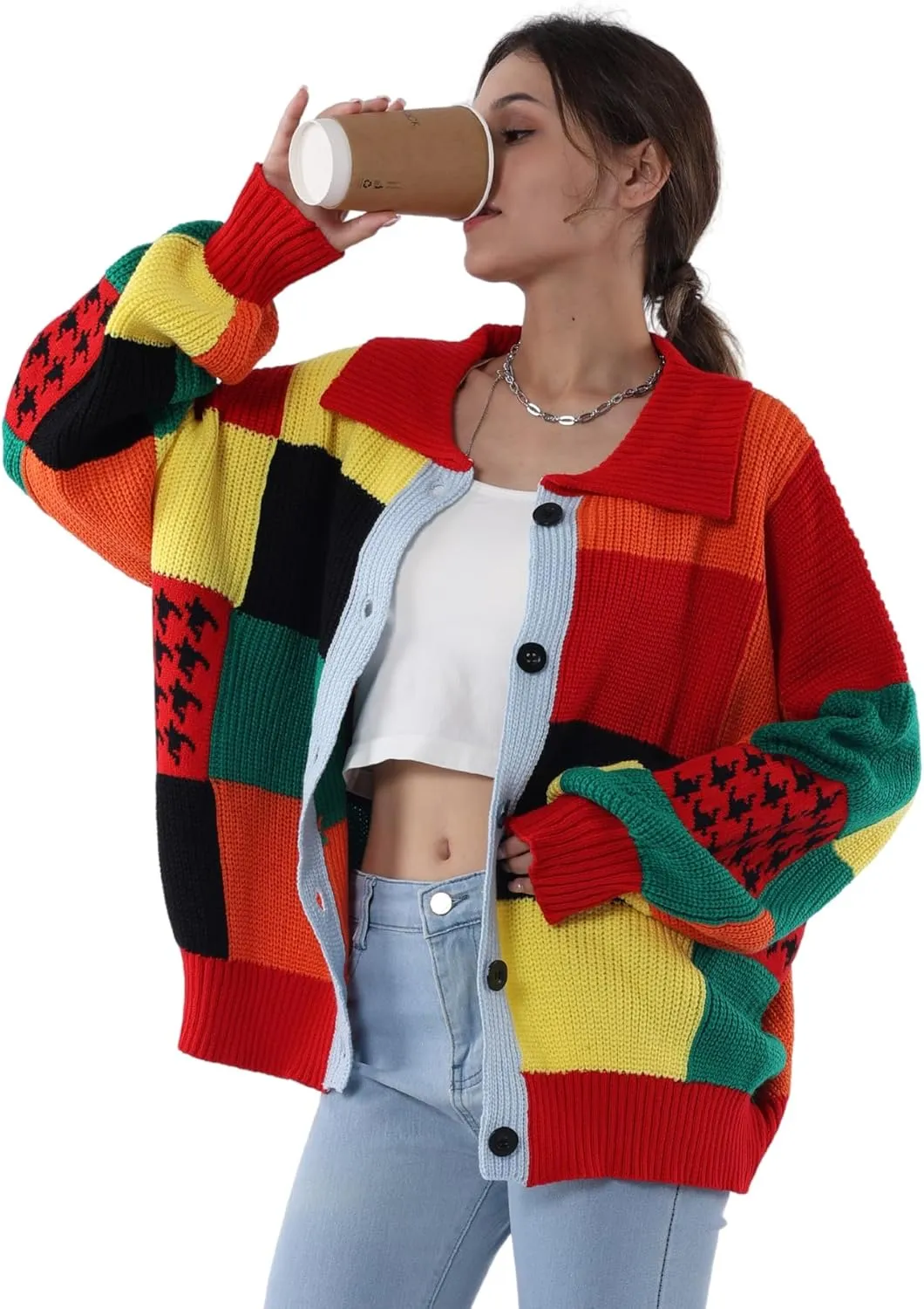 Womens Color Block Patchwork Cardigan Oversized Crochet Cardigan Sweater Long Sleeve Knitted Button Clothing
