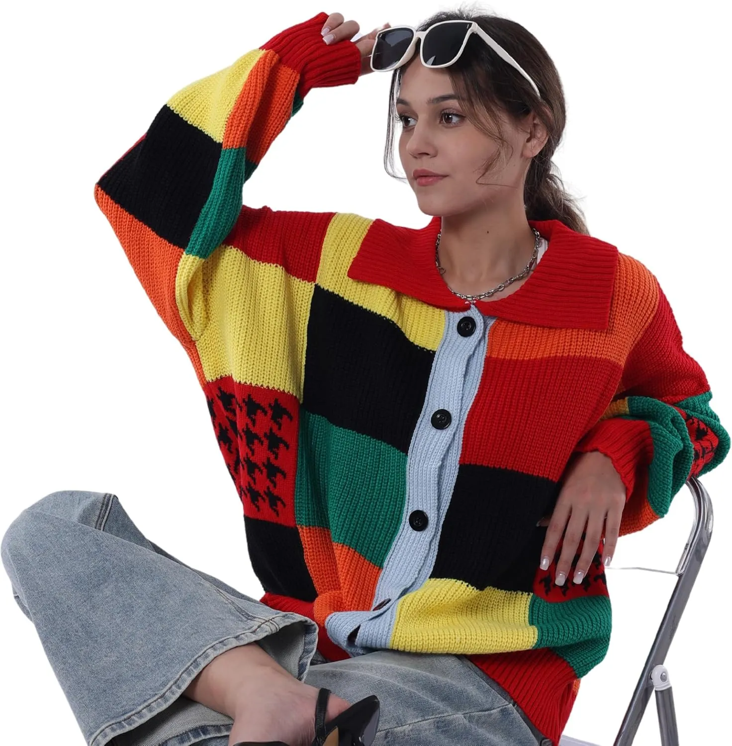 Womens Color Block Patchwork Cardigan Oversized Crochet Cardigan Sweater Long Sleeve Knitted Button Clothing