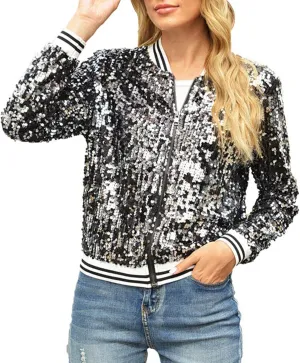 Womens Cropped Sequin Zip Up Jacket Sparkle Crewneck Loose Long Sleeve Casual Blazer Bomber Blouse Tops Winter Outfits
