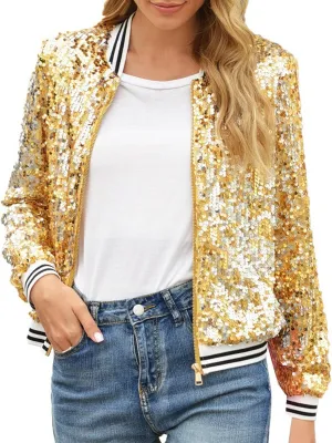 Womens Cropped Sequin Zip Up Jacket Sparkle Crewneck Loose Long Sleeve Casual Blazer Bomber Blouse Tops Winter Outfits