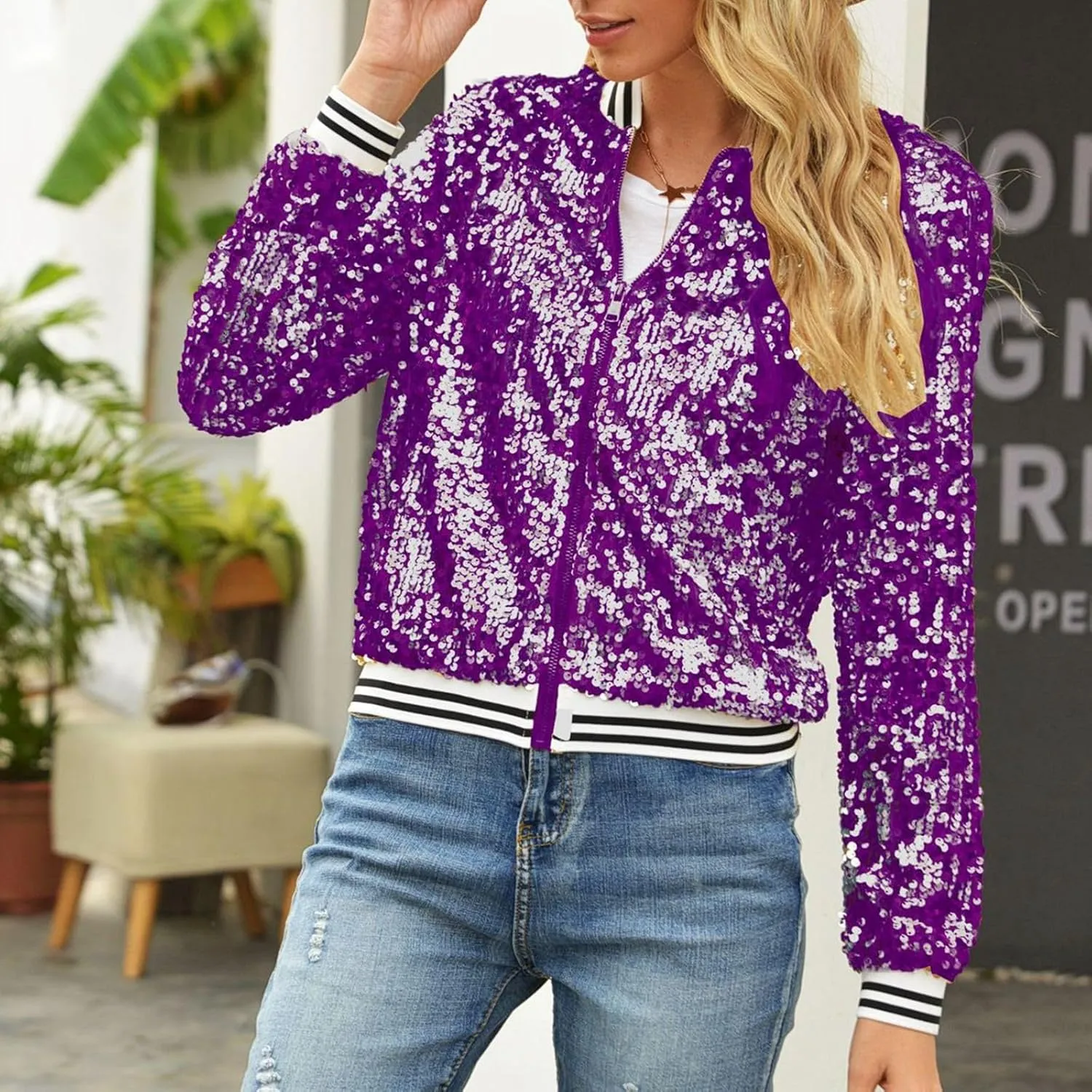 Womens Cropped Sequin Zip Up Jacket Sparkle Crewneck Loose Long Sleeve Casual Blazer Bomber Blouse Tops Winter Outfits