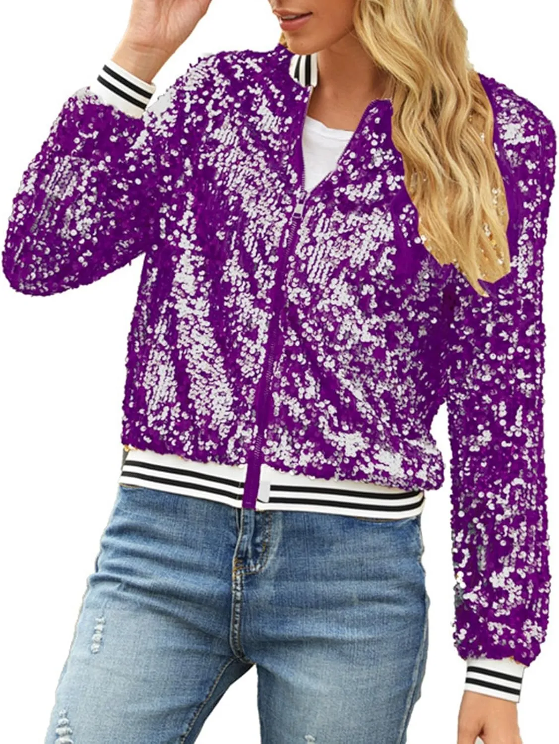Womens Cropped Sequin Zip Up Jacket Sparkle Crewneck Loose Long Sleeve Casual Blazer Bomber Blouse Tops Winter Outfits
