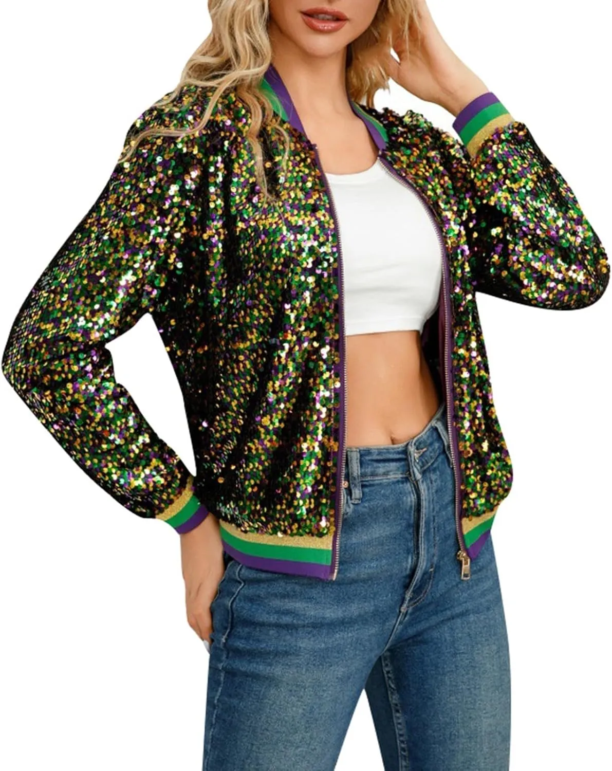 Womens Cropped Sequin Zip Up Jacket Sparkle Crewneck Loose Long Sleeve Casual Blazer Bomber Blouse Tops Winter Outfits