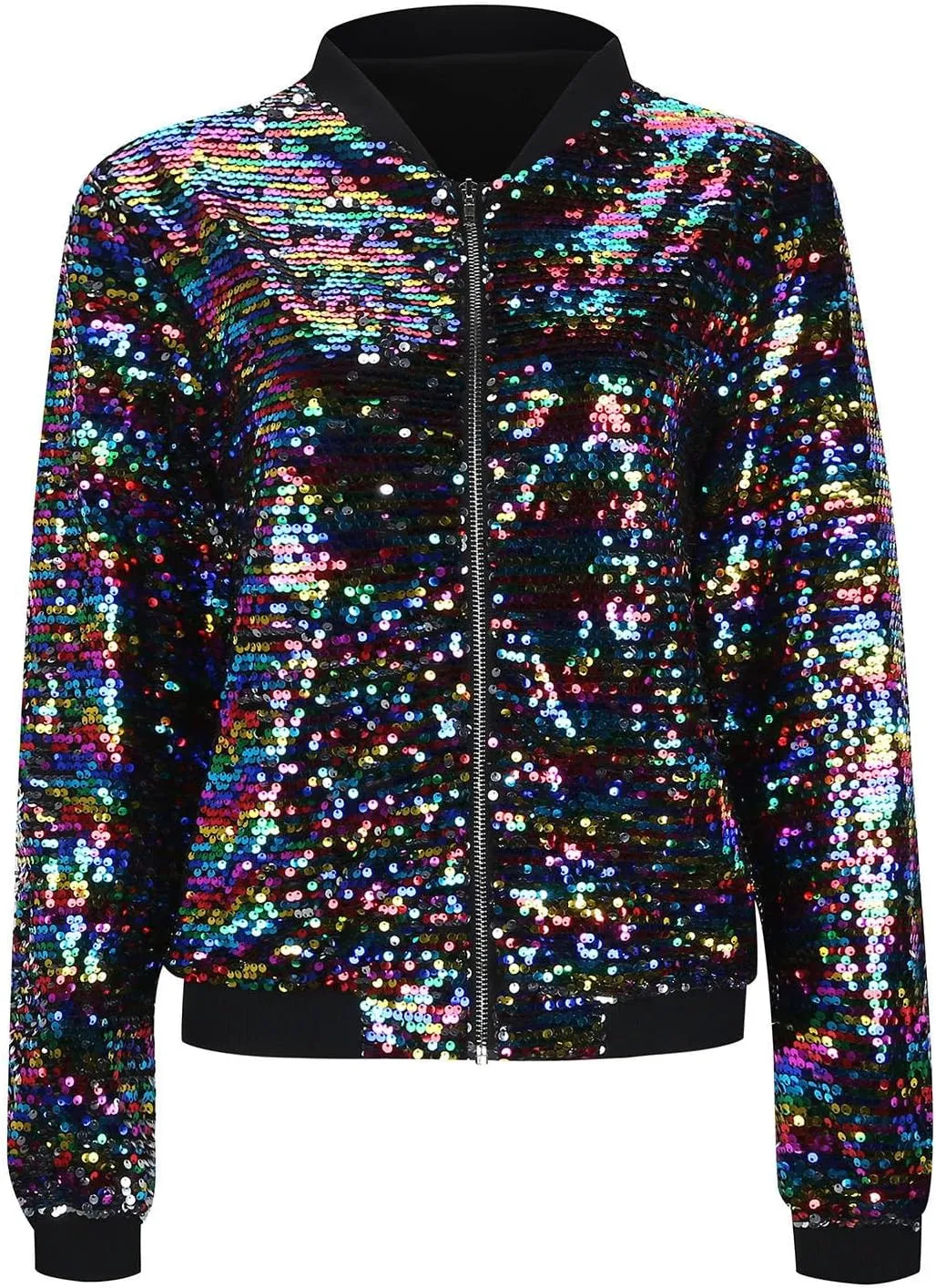 Womens Cropped Sequin Zip Up Jacket Sparkle Crewneck Loose Long Sleeve Casual Blazer Bomber Blouse Tops Winter Outfits