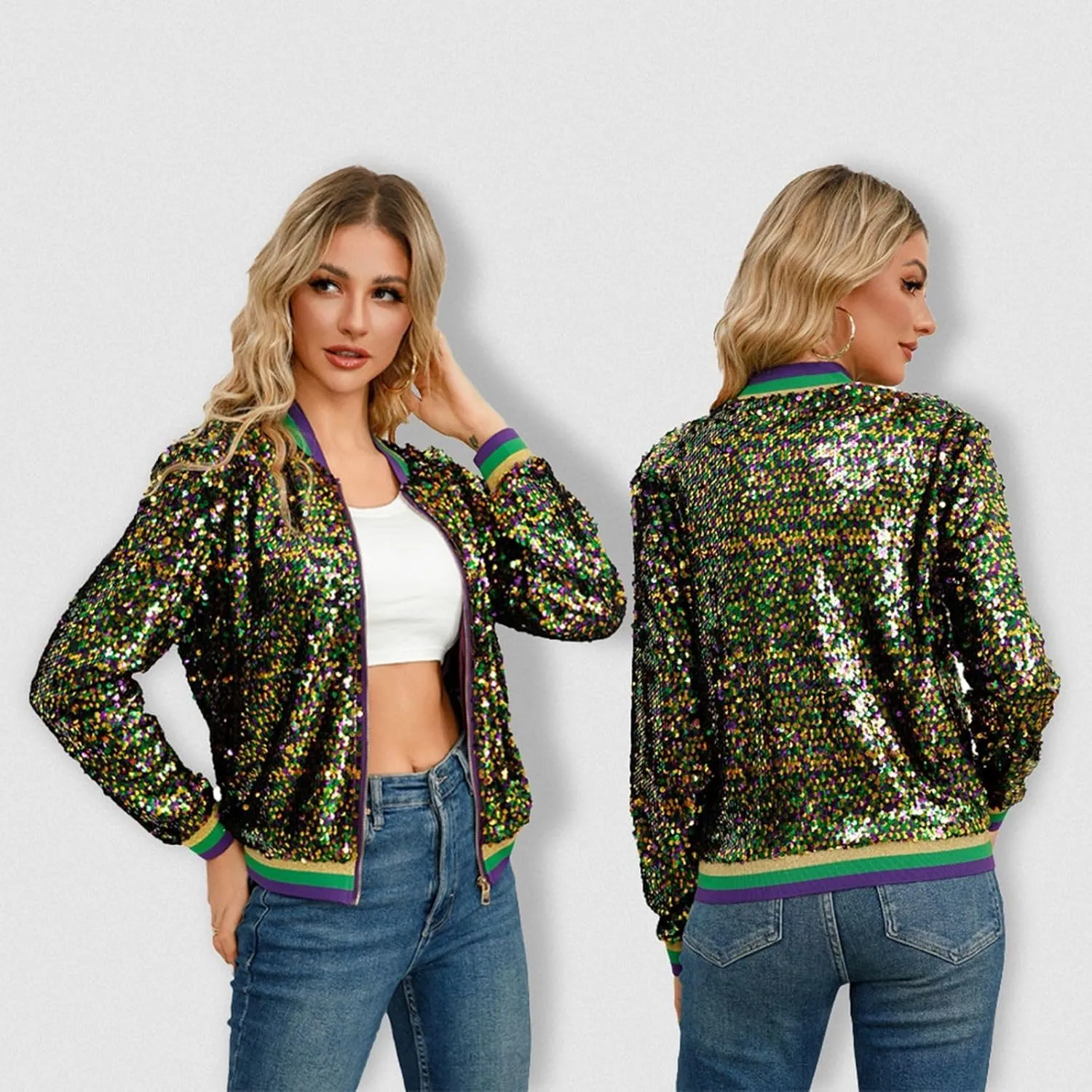 Womens Cropped Sequin Zip Up Jacket Sparkle Crewneck Loose Long Sleeve Casual Blazer Bomber Blouse Tops Winter Outfits