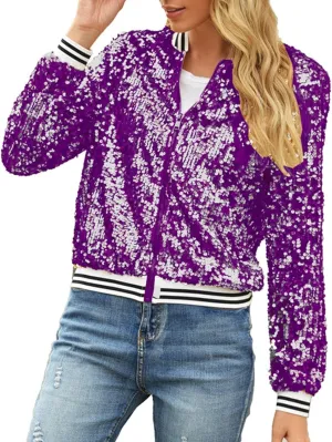 Womens Cropped Sequin Zip Up Jacket Sparkle Crewneck Loose Long Sleeve Casual Blazer Bomber Blouse Tops Winter Outfits